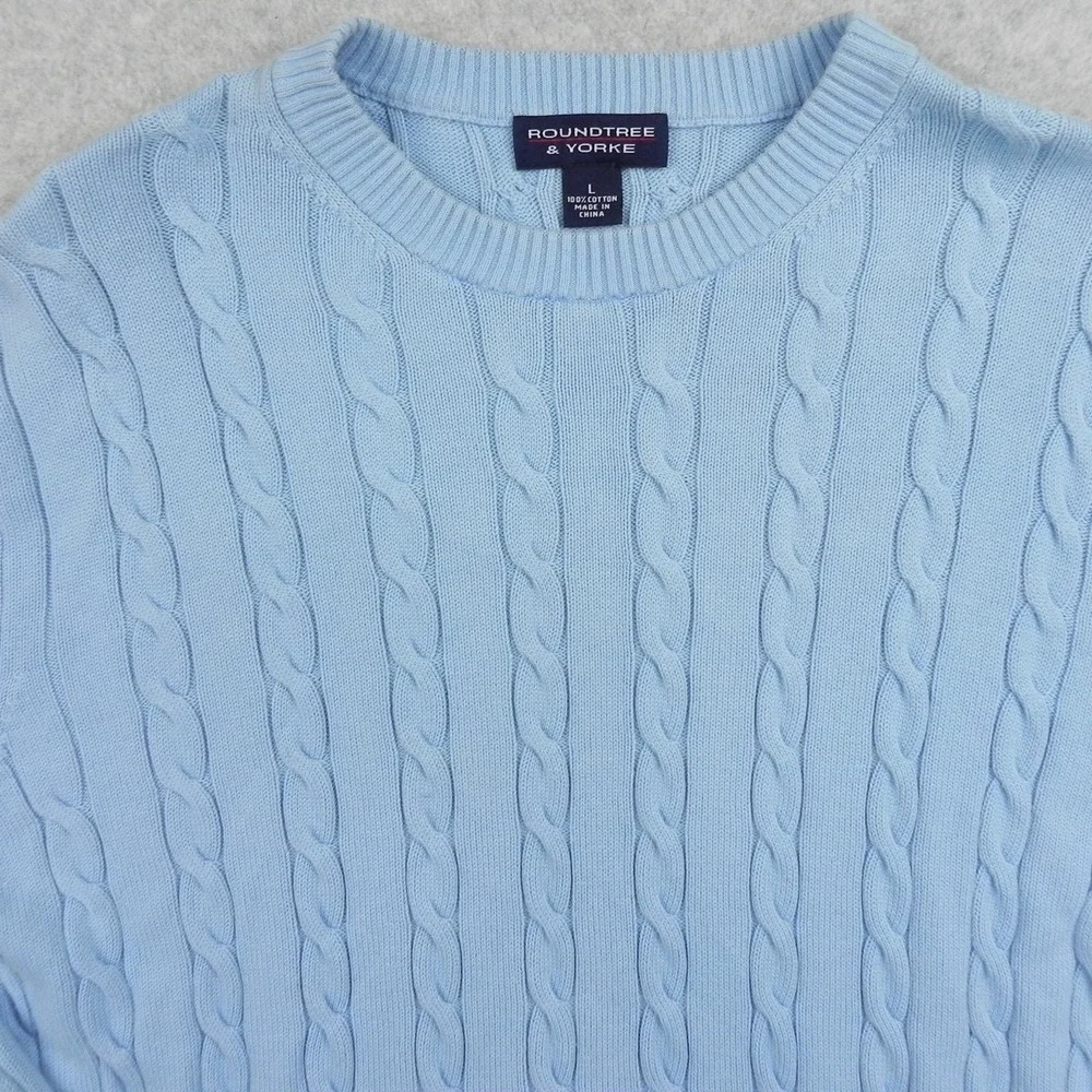 Roundtree & Yorke Sweater Mens Large Pullover Cable Knit Cotton Blue Long Sleeve